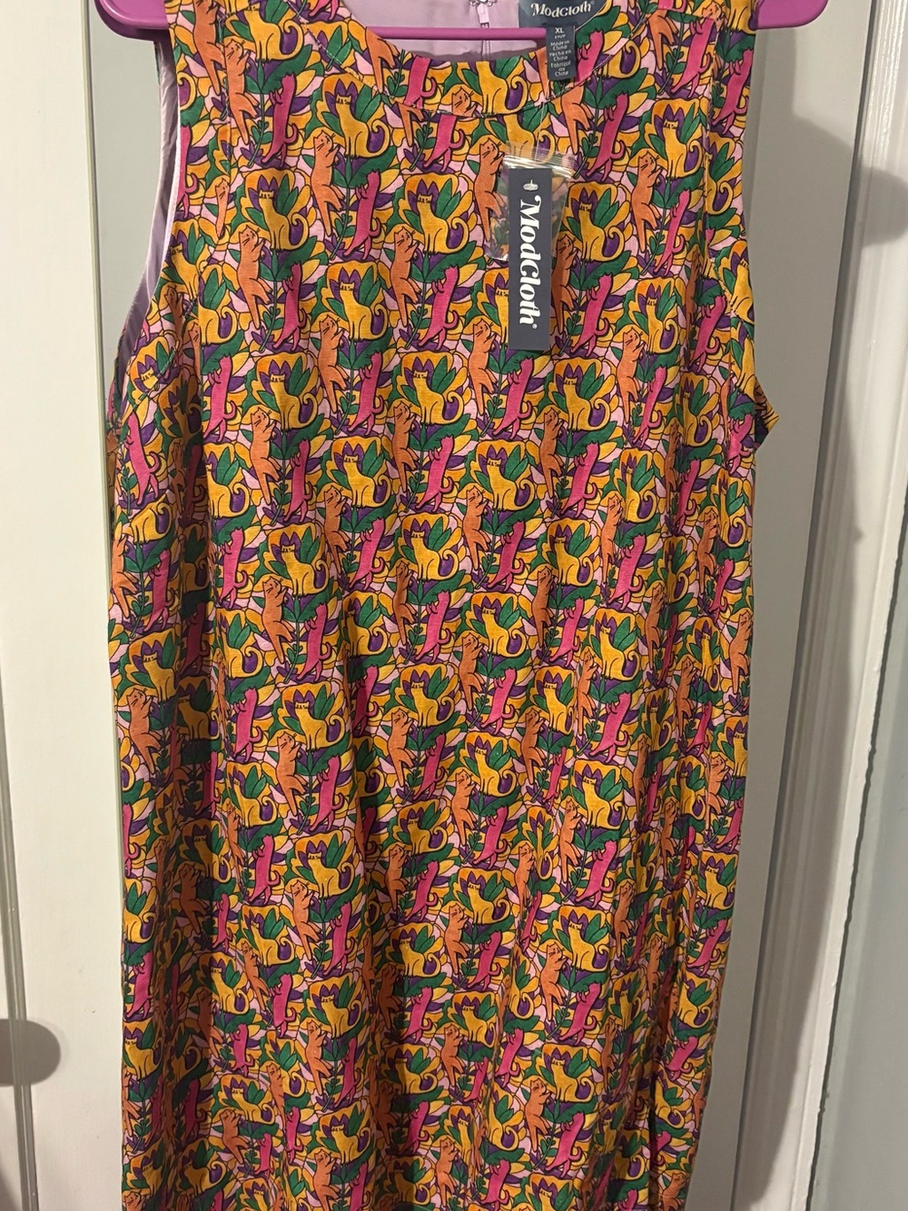 ModCloth Cat Print A-Line Women's Shift Dress — Pink, Orange & Green XL NWT